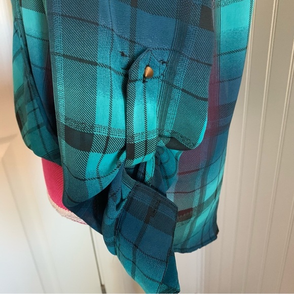 👗Women’s Blue Plaid Chiffon Crossover Blouse, size S - Picture 5 of 8